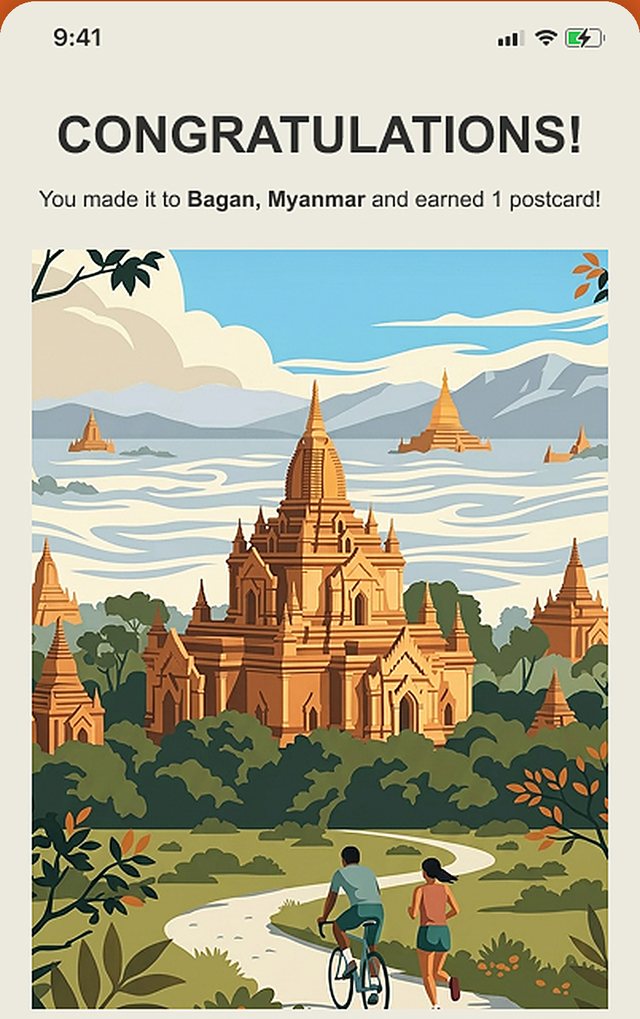 Milestone screen: you made it to Bagan, Myanmar, with an illustrated postcard of its temples.