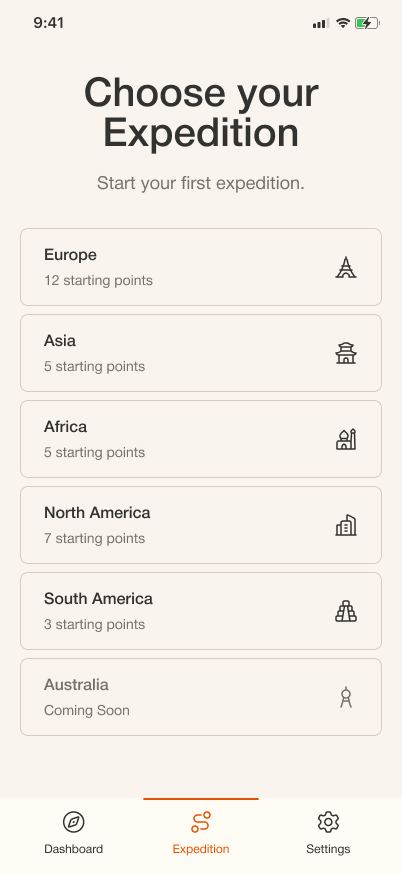 The Choose your Expedition screen: five continents, each with its number of starting points