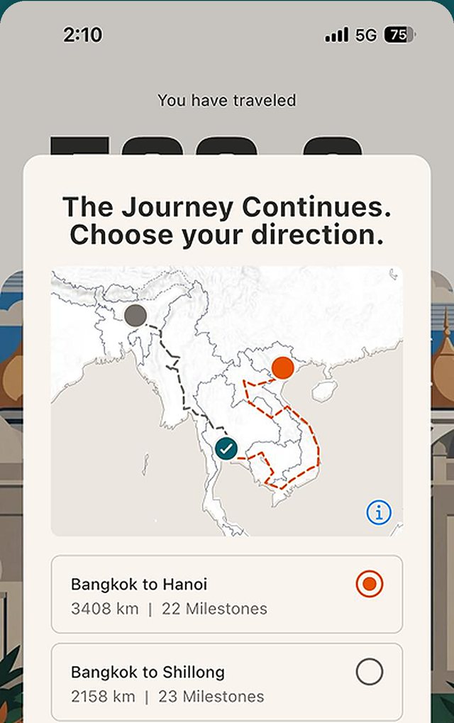 Choose your direction: Bangkok to Hanoi, 3,408 km, or Bangkok to Shillong, 2,158 km.