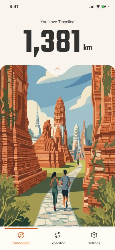 FAR on iPhone: 1,381 km travelled, above the Ayutthaya milestone art