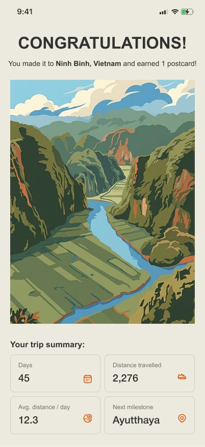 A FAR milestone screen: you made it to Ninh Binh, Vietnam, and earned one postcard