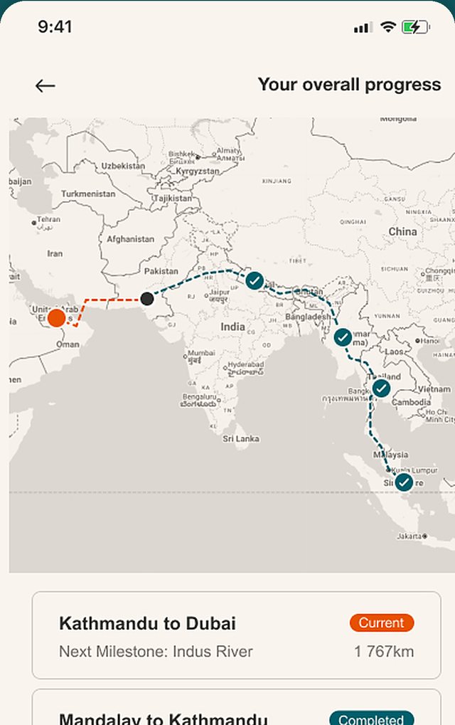 FAR's overall progress screen: a route drawn from Singapore through Bangkok, Mandalay and Kathmandu towards Dubai.