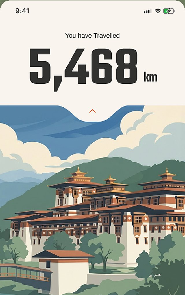 FAR dashboard at 5,468 km with an illustration of Punakha Dzong in Bhutan.